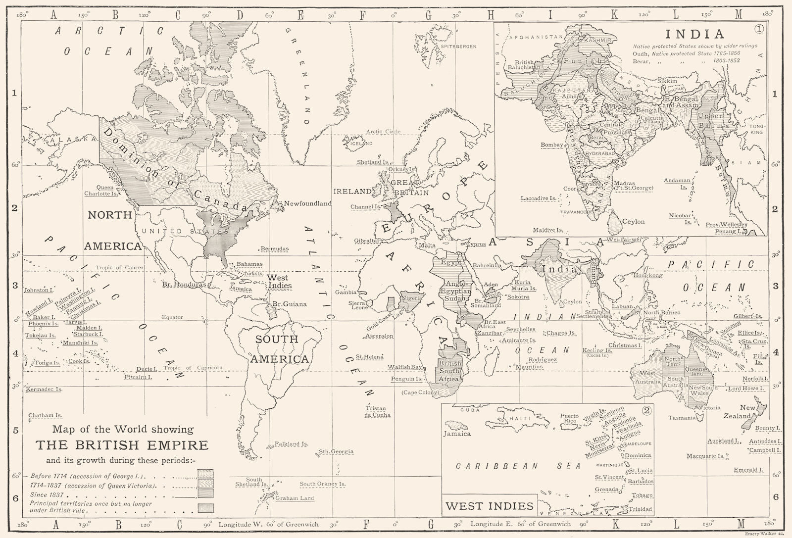 WORLD. Growth of the British Empire; Inset India; West Indies 1910 old map